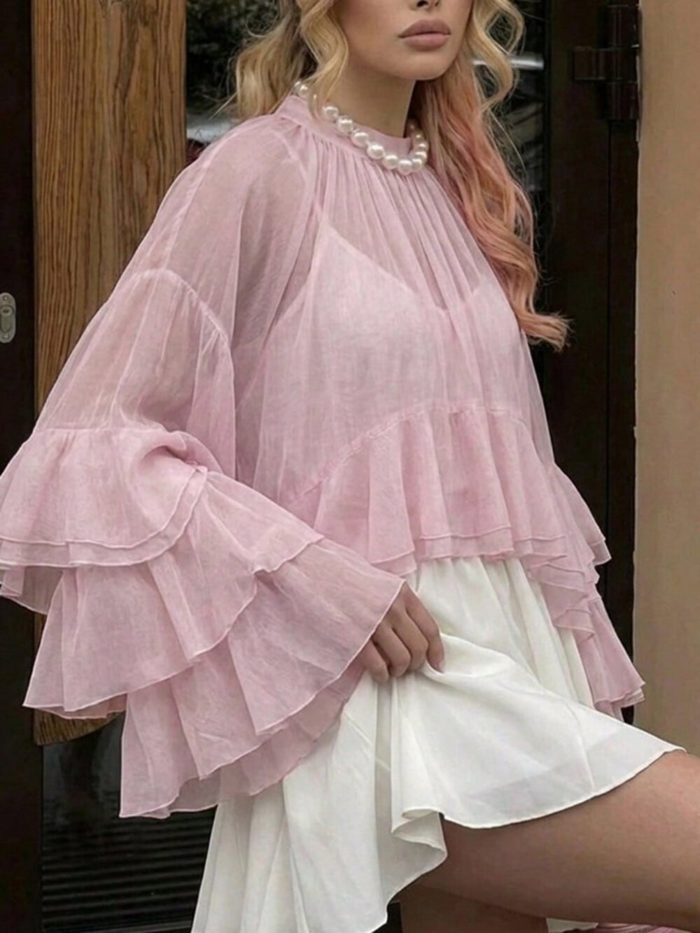 Pink Luxury Elegant Women's Chiffon Ruffle Cuff High Collar Blouse - Picture 3 of 8